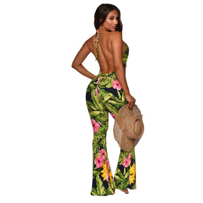 พิมพ์ One Piece Deep V Jumpsuits ผ้าพันแผล Flare Backless Jumpsuit