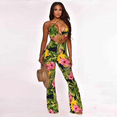 พิมพ์ One Piece Deep V Jumpsuits ผ้าพันแผล Flare Backless Jumpsuit