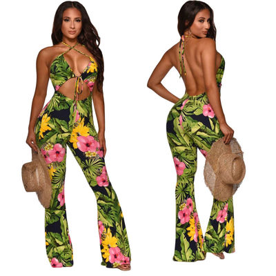 พิมพ์ One Piece Deep V Jumpsuits ผ้าพันแผล Flare Backless Jumpsuit