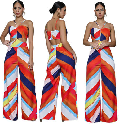 พิมพ์ Halter Jumpsuit กางเกงขากว้าง Casual Off The Shoulder Backless Playsuit