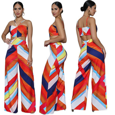พิมพ์ Halter Jumpsuit กางเกงขากว้าง Casual Off The Shoulder Backless Playsuit