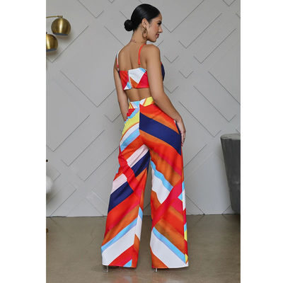 พิมพ์ Halter Jumpsuit กางเกงขากว้าง Casual Off The Shoulder Backless Playsuit